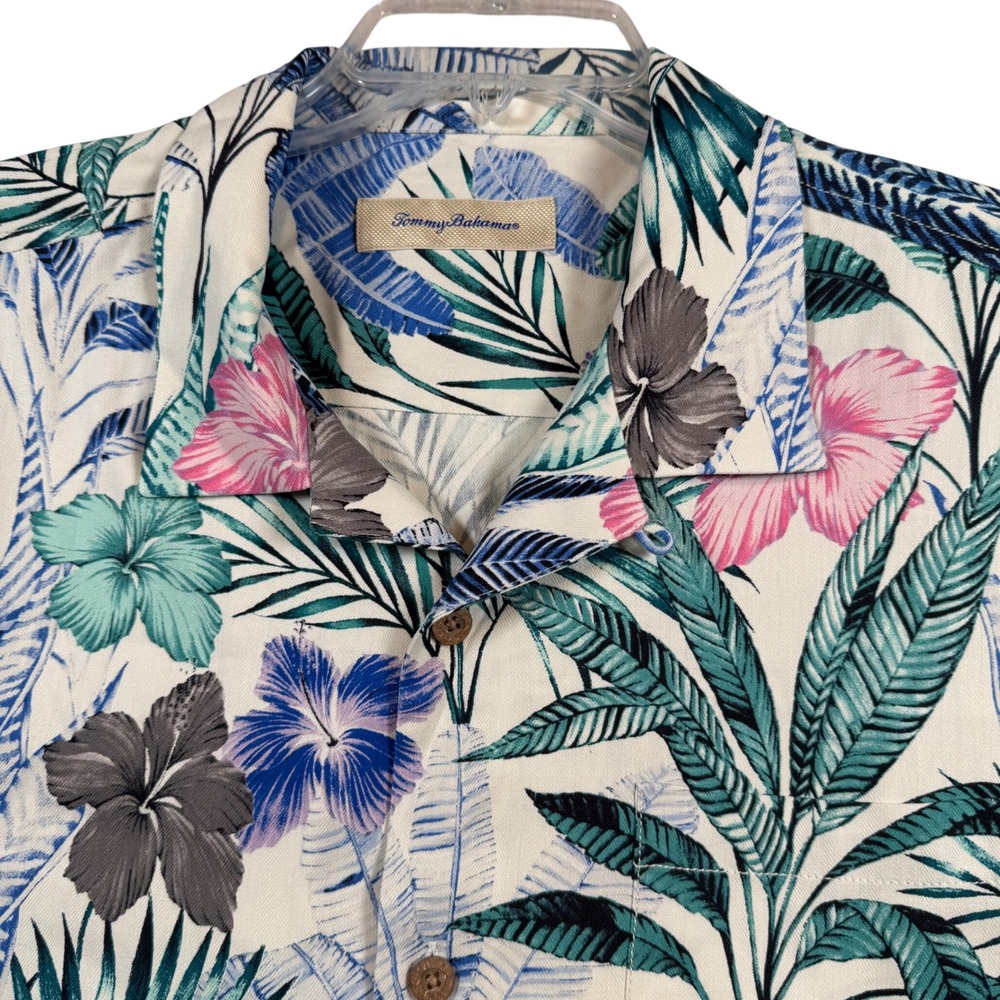 Tommy Bahama Button Down Shirt Mens Large Cream Blue Silk Tropical Hibiscus